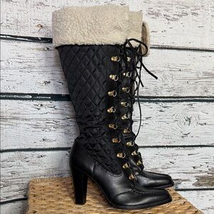 Michael Kors Black Quilted Heeled Boots with faux Fur